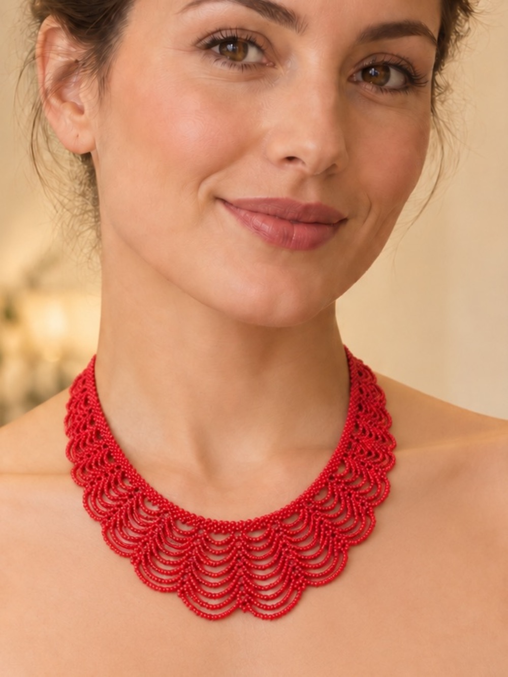 Handmade Red Seed Bead Bib Necklace Scalloped Statement Jewelry
